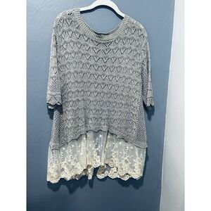 Umgee Gray Crochet Lace Hem Tunic Sweater S/M Boho Top anthropology